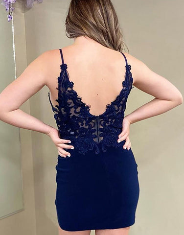 Navy Spaghetti Straps Lace Top Short Tight Party Dress