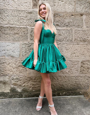 Green A-Line Tie Straps Short Satin Homecoming Dress