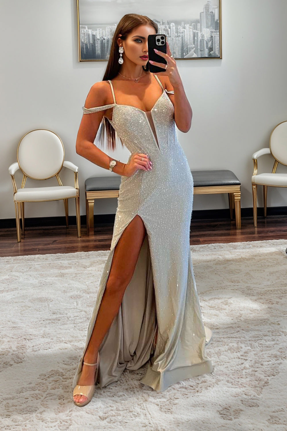Glitter Mermaid Off The Shoulder Long Corset Beaded Prom Dress With Slit