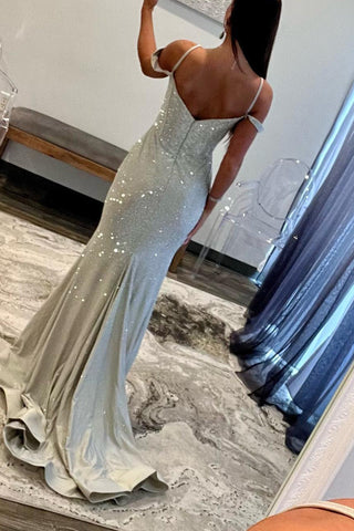 Glitter Mermaid Off The Shoulder Long Corset Beaded Prom Dress With Slit