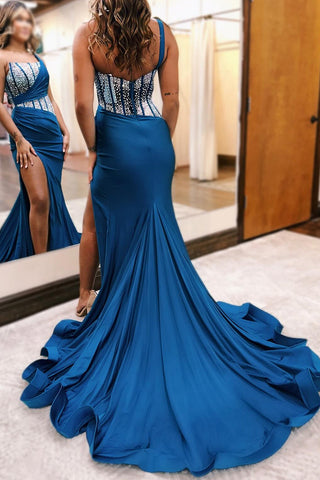 Stylish Sparkly Blue Mermaid One Shoulder Long Corset Prom Dress With Slit