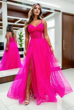Load image into Gallery viewer, Simple Elegant Hot Pink Spaghetti Straps A-Line Long Tulle Prom Dress with Slit