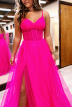 Load image into Gallery viewer, Simple Elegant Hot Pink Spaghetti Straps A-Line Long Tulle Prom Dress with Slit