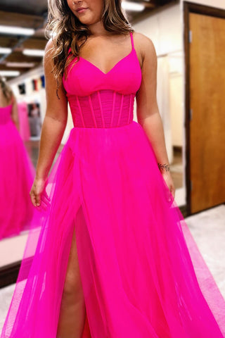 Simple Elegant Hot Pink Spaghetti Straps A-Line Long Tulle Prom Dress with Slit