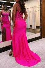 Load image into Gallery viewer, Sparkly Hot Pink Mermaid Lace Up Long Prom Dress with Slit