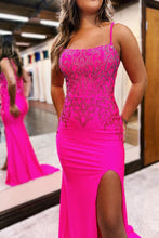 Load image into Gallery viewer, Sparkly Hot Pink Mermaid Lace Up Long Prom Dress with Slit