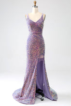 Load image into Gallery viewer, Sparkly Light Purple Lace-Up Back Long Sequin Prom Dress with Fringe