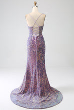Load image into Gallery viewer, Sparkly Light Purple Lace-Up Back Long Sequin Prom Dress with Fringe