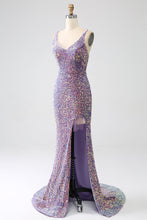 Load image into Gallery viewer, Sparkly Light Purple Lace-Up Back Long Sequin Prom Dress with Fringe