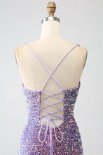 Load image into Gallery viewer, Sparkly Light Purple Lace-Up Back Long Sequin Prom Dress with Fringe