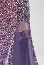 Load image into Gallery viewer, Sparkly Light Purple Lace-Up Back Long Sequin Prom Dress with Fringe