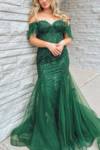 Load image into Gallery viewer, Dark Green Mermaid Off The Shoulder Long Prom Dress with Appliques