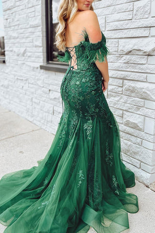 Dark Green Mermaid Off The Shoulder Long Prom Dress with Appliques