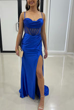 Load image into Gallery viewer, Royal Blue Mermaid Spaghetti Straps Long Satin Prom Dress With Split