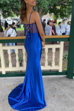 Load image into Gallery viewer, Royal Blue Mermaid Spaghetti Straps Long Satin Prom Dress With Split