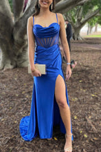 Load image into Gallery viewer, Royal Blue Mermaid Spaghetti Straps Long Satin Prom Dress With Split