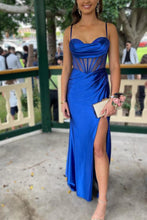 Load image into Gallery viewer, Royal Blue Mermaid Spaghetti Straps Long Satin Prom Dress With Split