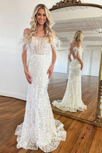 Load image into Gallery viewer, White Glitter Off The Shoulder Lace Up Long Corset Prom Dress With Feather