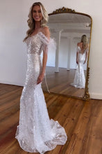 Load image into Gallery viewer, White Glitter Off The Shoulder Lace Up Long Corset Prom Dress With Feather
