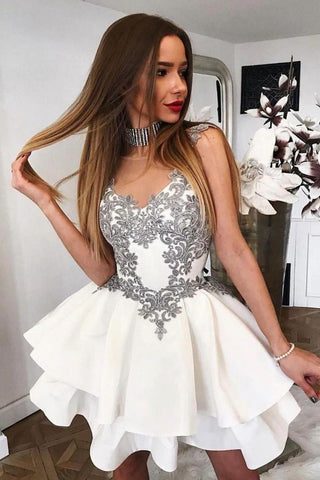 White Short Mini Homecoming Dress With Silver Applique