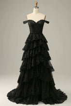 Load image into Gallery viewer, Sparkly Black Off The Shoulder Long Tiered Corset Prom Dress With Sequin