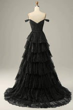 Load image into Gallery viewer, Sparkly Black Off The Shoulder Long Tiered Corset Prom Dress With Sequin