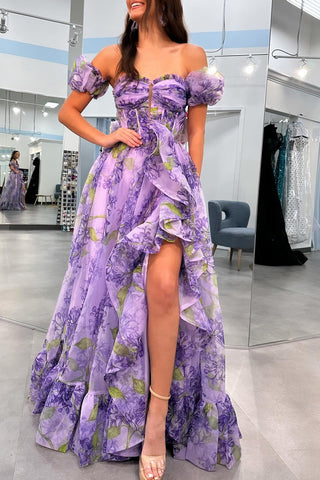 Lavender A-Line Strapless Long Ruffle Prom Dress With Detachable Sleeves