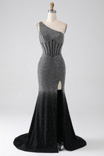 Load image into Gallery viewer, Black Sparkly Mermaid One Shoulder Keyhole Back Long Beaded Prom Dress