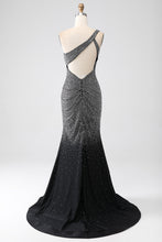 Load image into Gallery viewer, Black Sparkly Mermaid One Shoulder Keyhole Back Long Beaded Prom Dress