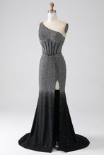 Load image into Gallery viewer, Black Sparkly Mermaid One Shoulder Keyhole Back Long Beaded Prom Dress