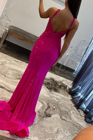 Shiny Fuchsia Mermaid Straps Long Corset Beaded Prom Dress