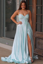 Load image into Gallery viewer, Lilac Glitter A-Line Spaghetti Straps Long Beaded Prom Dress with Slit