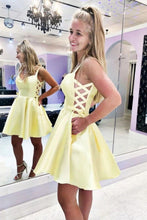 Load image into Gallery viewer, Yellow Short Mini Satin Homecoming Dress