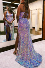 Load image into Gallery viewer, Sparkly Light Purple Lace-Up Back Long Sequin Prom Dress with Fringe