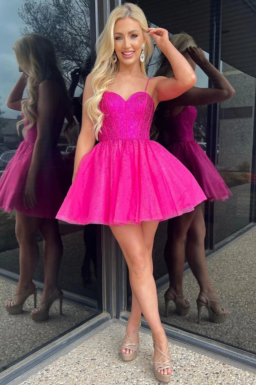 Luuvis A-Line Spaghetti Straps Hot Pink Short Homecoming Dress with Beading