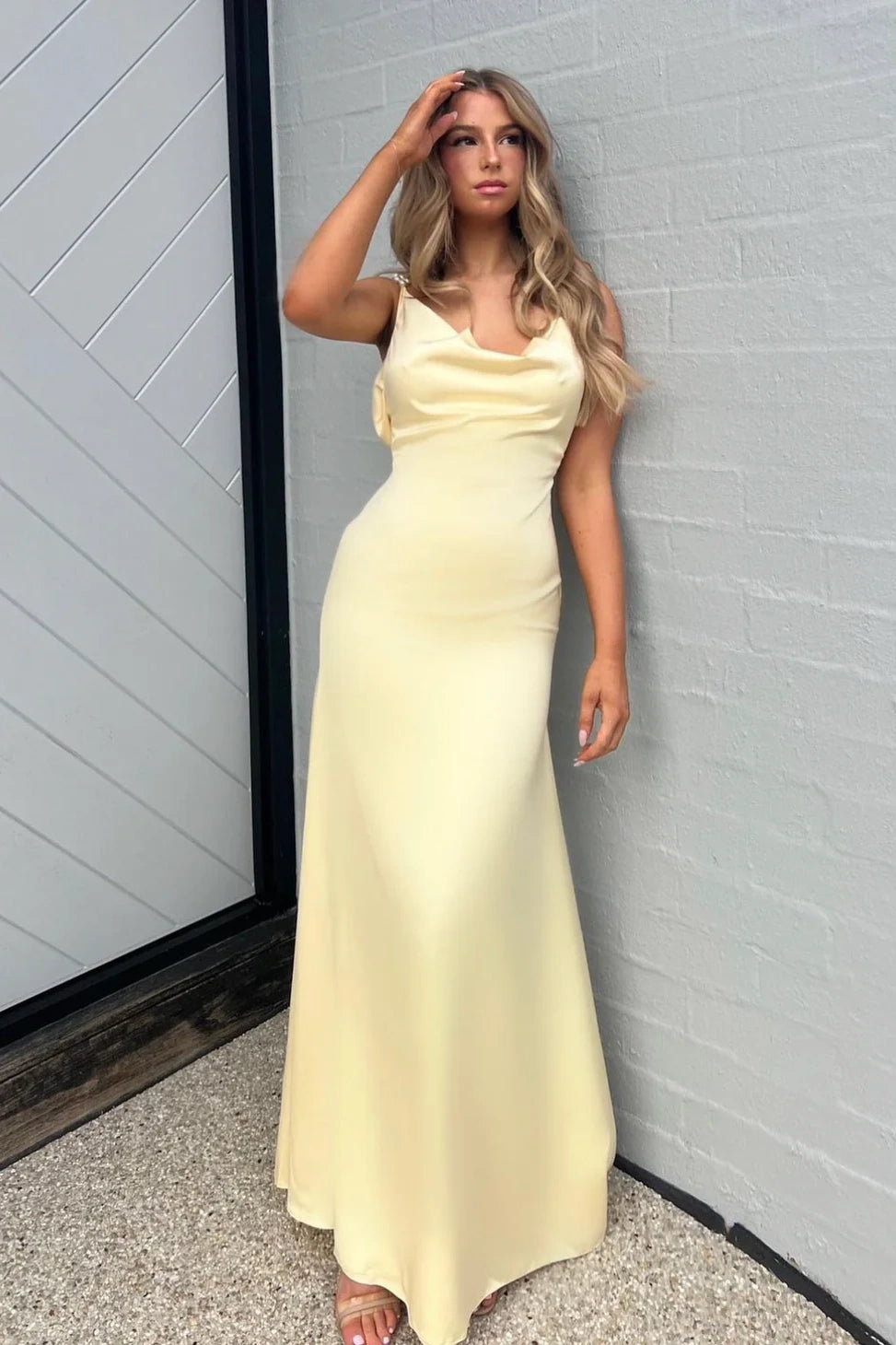 yellow long party dress Yellow Mermaid Halter Satin Prom Dresses With Tail Evening Dress, Yellow / 6