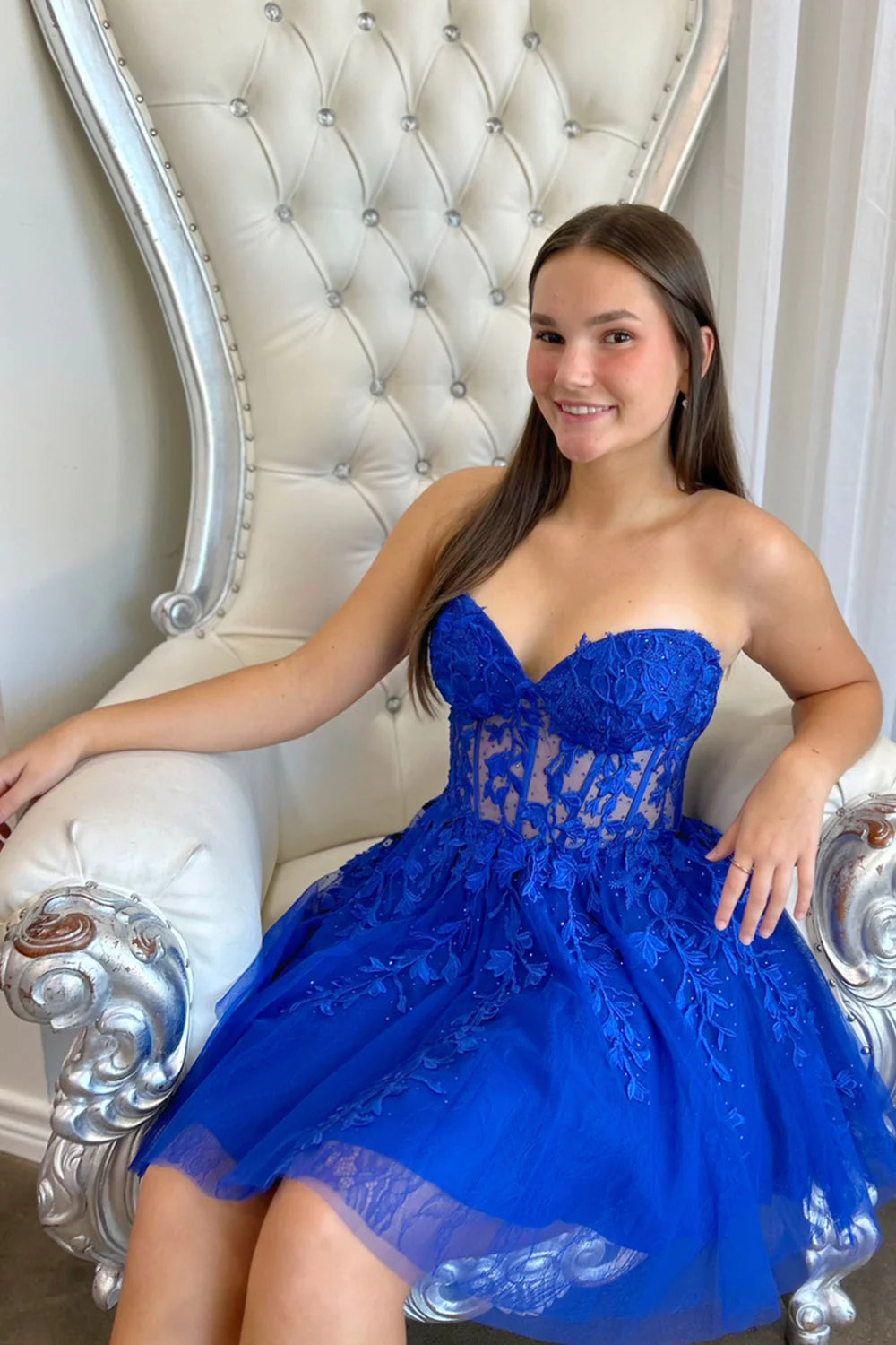 Luuvis A-Line Strapless Lace Up Short Tulle Homecoming Dress with Appliques