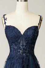 Load image into Gallery viewer, Gorgeous A Line Spaghetti Straps Navy Long Prom Dress with Appliques
