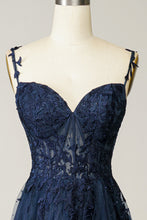 Load image into Gallery viewer, Gorgeous A Line Spaghetti Straps Navy Long Prom Dress with Appliques
