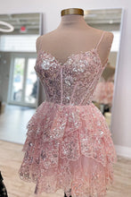 Load image into Gallery viewer, Cute Spaghetti Straps A-Line Homecoming Dress With Appliques And Sequin
