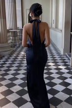 Load image into Gallery viewer, Hot Mermaid Halter Neck Dark Green Satin Long Party Dress with Open Back