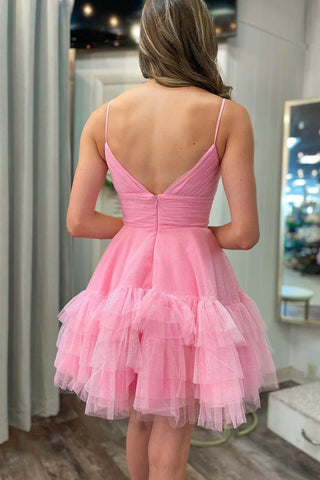 A Line Pink Tulle Short Homecoming Dress Spaghetti Straps with Ruffles