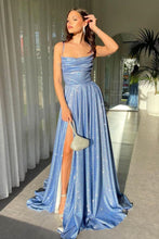 Load image into Gallery viewer, Simple A Line Spaghetti Straps Pink Long Prom Dress with Split Front
