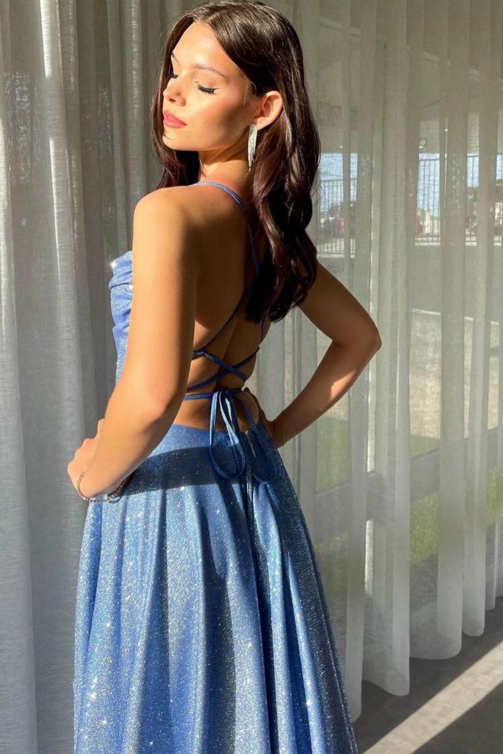Pink Spaghetti Straps Lace Long Prom Dress, A-Line Evening Graduation Dress main image 0