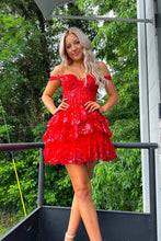 Load image into Gallery viewer, A Line Fchsia Homecoming Dress Seeing Sparkles Off the Shoulder Graduation Dress with Ruffles
