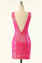 Load image into Gallery viewer, Sheath Sparkles V Neck Hot Pink Sequins Short Homecoming Dress