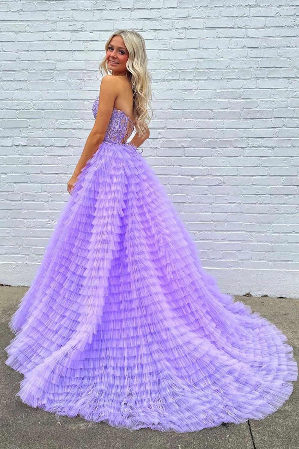 A-Line Sweetheart Applique Corset Tiered Tulle Dress Blue main image 1