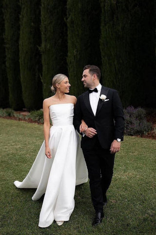 Simple A Line Strapless White Long Bridal Dress with Train