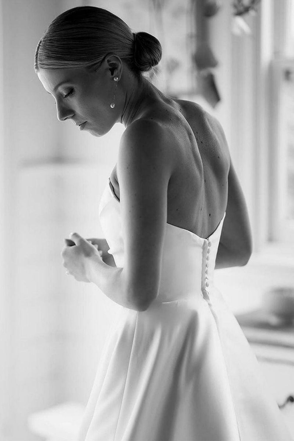 White A-line Strapless Long Wedding Party Dress, White Simple Formal Dress