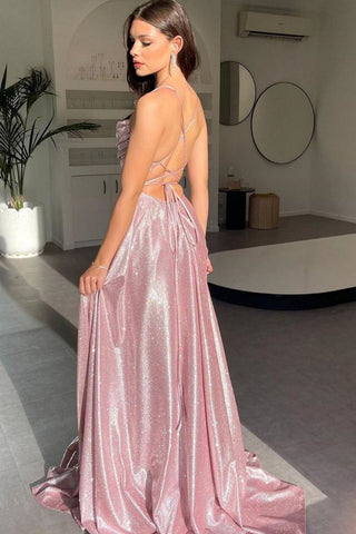 Simple A Line Spaghetti Straps Pink Long Prom Dress with Split Front